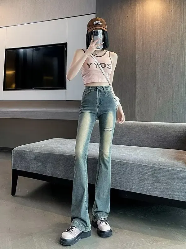 Retro High Waist Bell Bottom Jeans Women plus Size Summer Spring Washed Design Hole Skinny  Hoof Pants Casual Style
