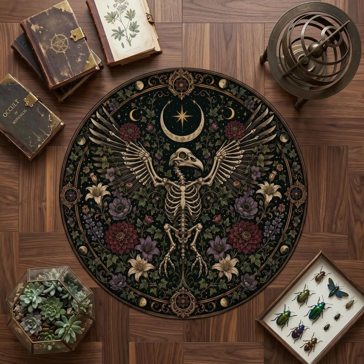 【Room Decor Carpet】Skull Raven Round Carpet, Gothic Bird Carpet, Dark Floral Decor, Starry Raven Carpet, Witch Plant Round Carpet