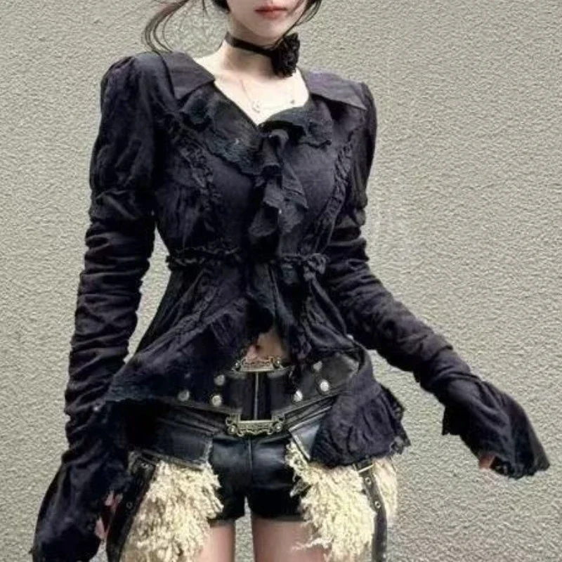 Japonês vintage y2k lolita sem mangas rendas camisas curtas feminino estilo gótico retro estética moda blusa coreano chique primavera