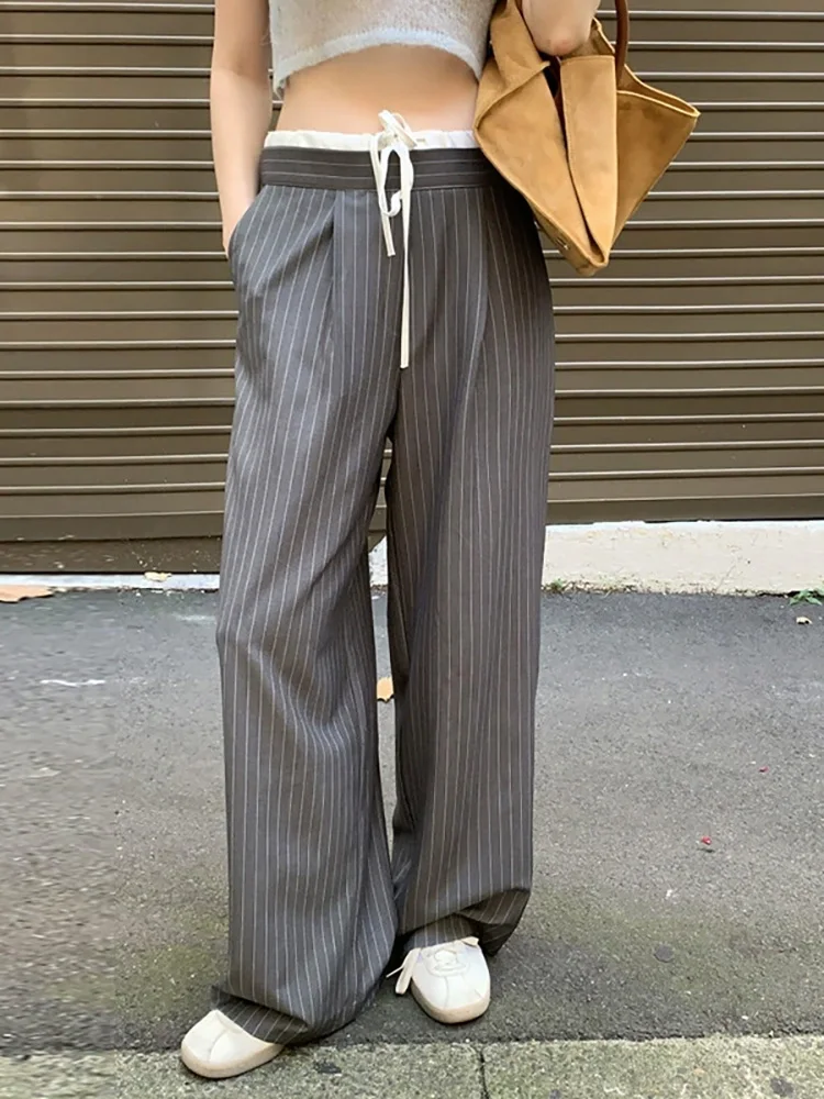 سراويل كلاسيكية مخططة مرقعة عالية الخصر برباط علوي موضة مستقيمة بنطلونات نسائية غير رسمية واسعة الساق فضفاضة Spodnie #2