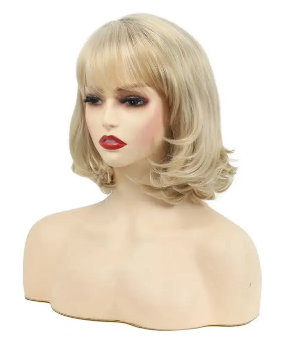 Women Natural Synthetic Short Wig Wavy Blonde Daily Cosplay Party Wig with Bangs High Temperature Fiber