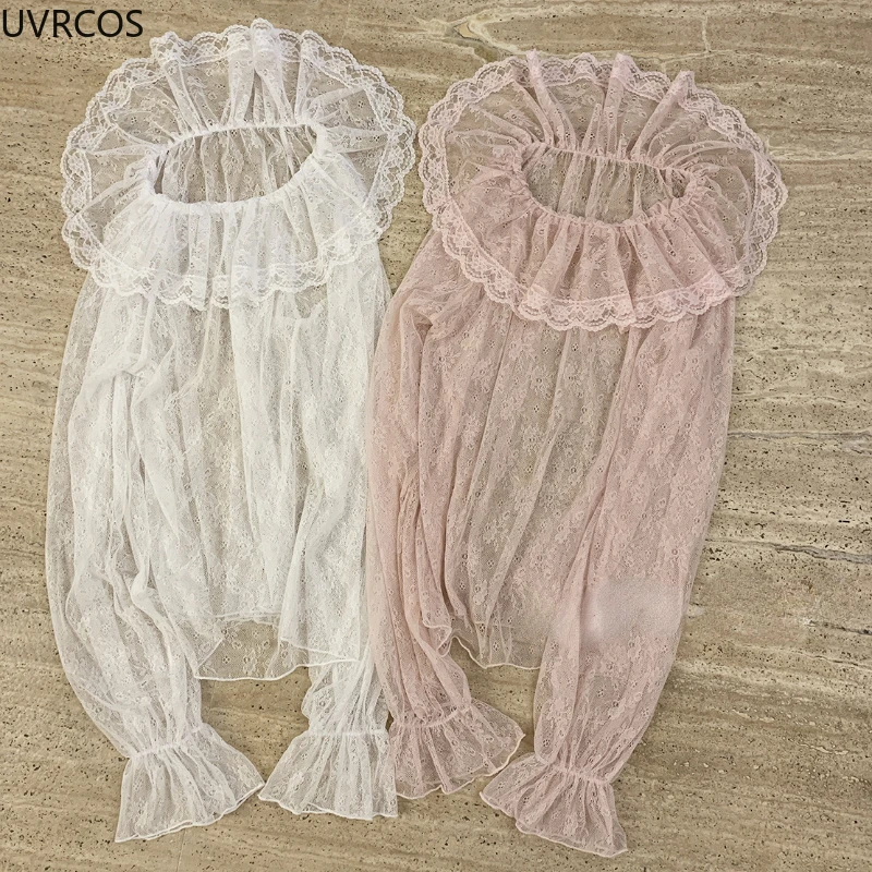 Vintage Sweet Lolita Blouses Women Ruffle Collar Transparent Elegant See-through Bottom Shirt Kawaii Lace Mesh Tops Mujer Summer