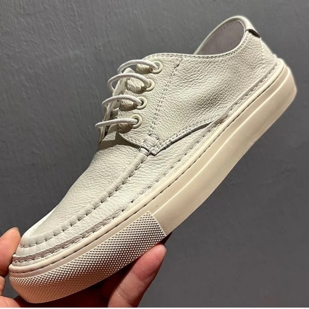 

QHCCID White trendy casual shoes breathable comfortable low top genuine leather shoes Cowhide simple men's shoes