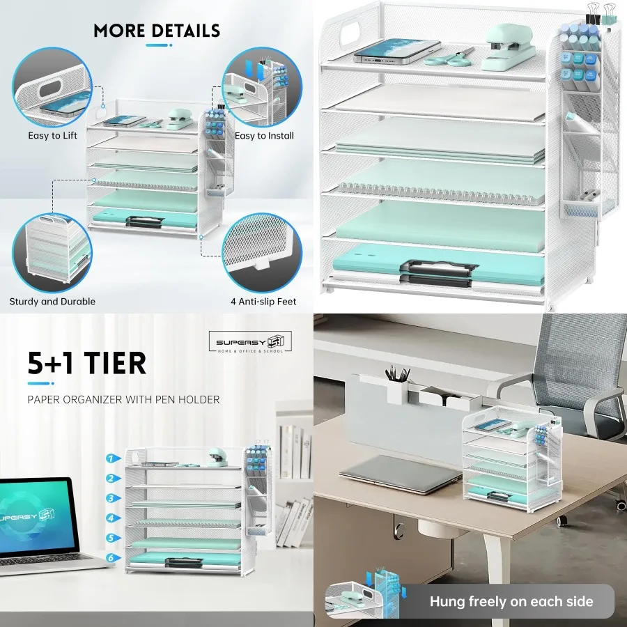 

6 Tier Paper Organizer with 4 Pen Holders and Mesh Letter Tray Featuring Handle for A4 Files Storage White Color Ideal for Offi