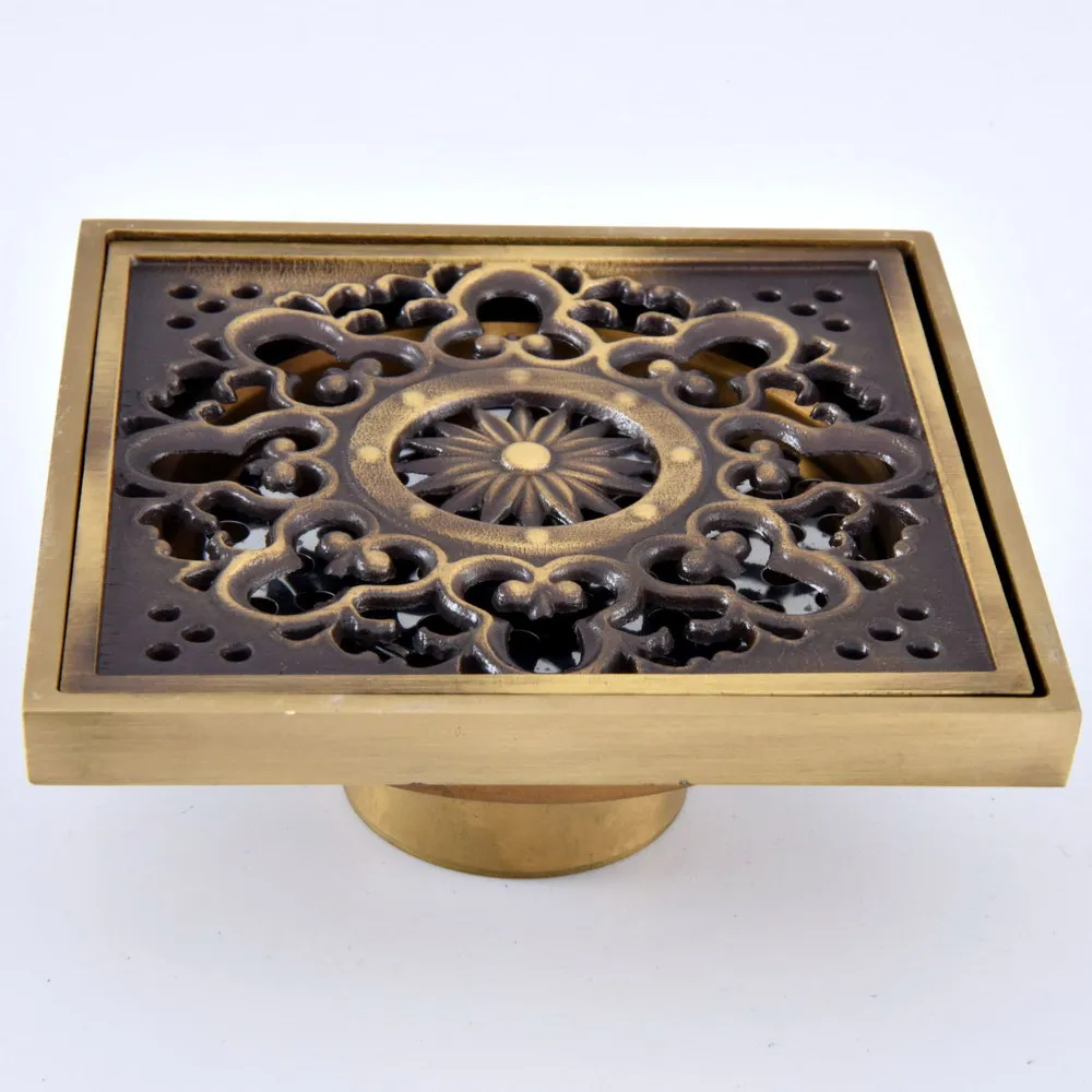 Antique Brass Carved Flower Pattern Bathroom Shower Drain 4