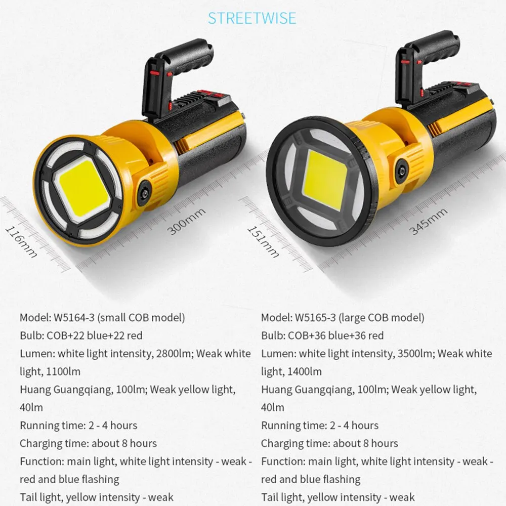 COB Portable Flashlight Strong Long-Range Spotlight Hand Light USB Rechargeable Outdoor Waterproof Camp Lantern Searchlight