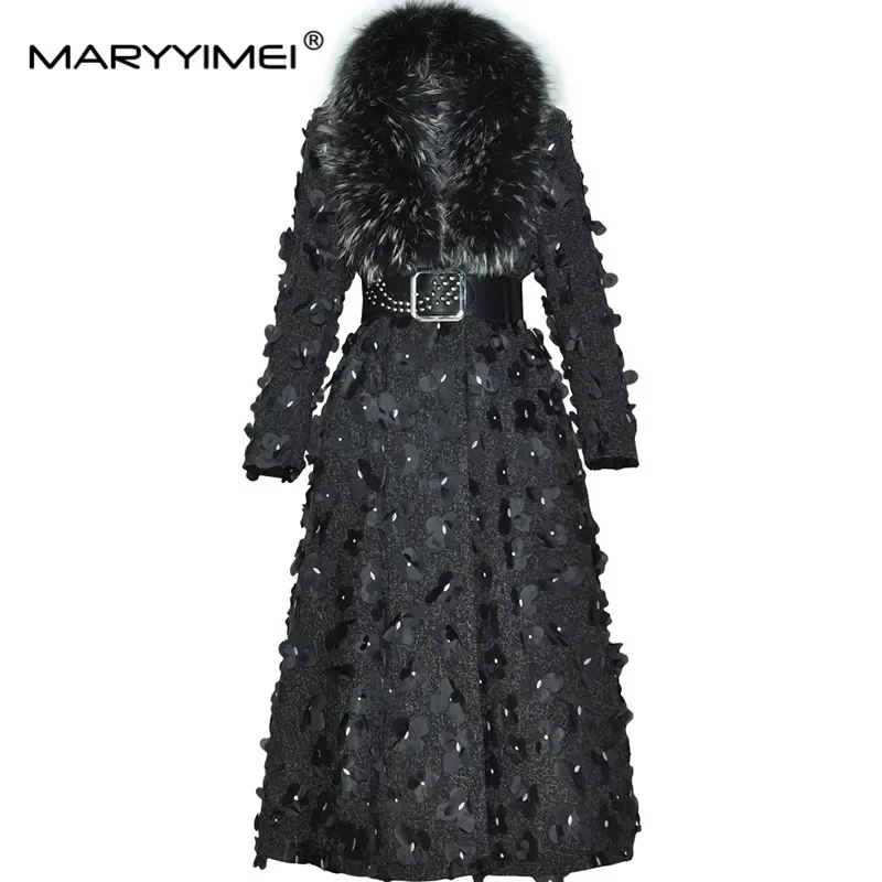 

MARYYIMEI осеннее и зимнее женское пальто с меховым воротником и длинными рукавами, аппликациями, длинное и толстое пальто с поясом