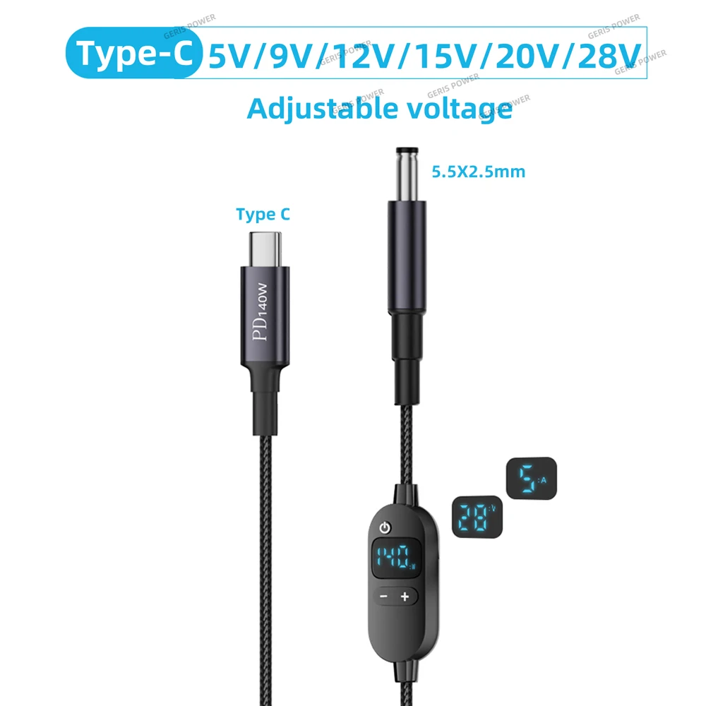 ​65W 100W 140W Type C PD to DC 5.5X2.5mm Power Boost Cable 5V 9V 12V 15V 20V 28V Adjustable Voltage Cord for Laptop Router Fan