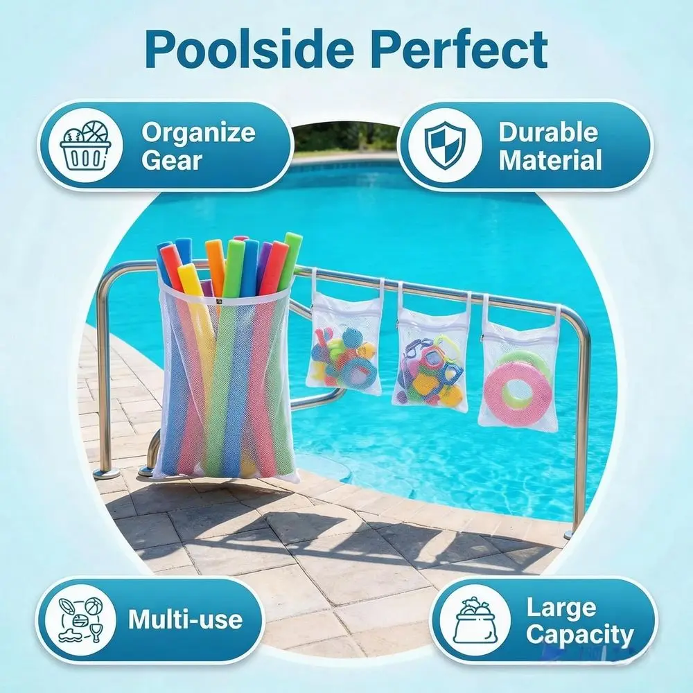 Mesh Pool Organizer Bags - Above Ground Pool Accessories, Easy Install to Organize Pool Toys, Noodles, Floats, Beach Balls