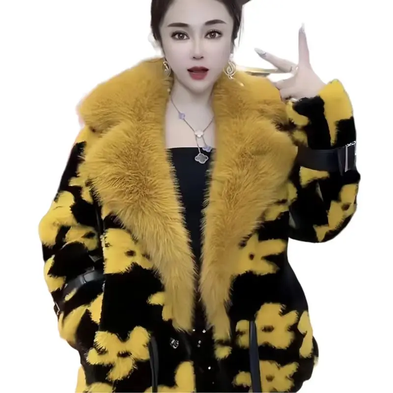 Faux Mink Fur Coats for Women, Covered Button Jacket, Female Loose Thicken Warm Clothes, Fur Collar,Winter,New,2024