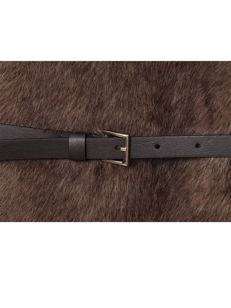 Hh feminino inverno nova moda com cinto gola alta topo feminino temperamento de rua alta simples casual efeito pele do falso sem mangas topo