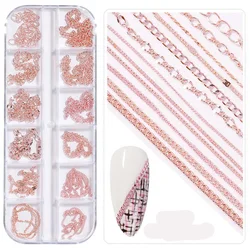 12grids/box Mixed Chain Rivet Nail Art Jewelry 3D Hollow Studs Multiple-Styles Chain Nail Decoration DIY Nail Design Supplies