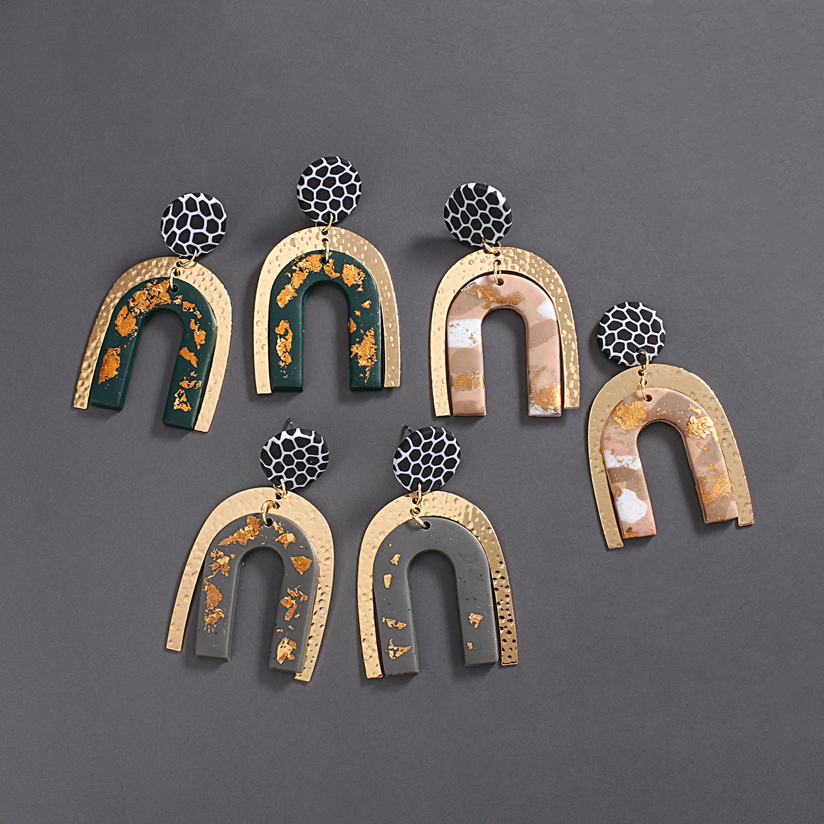 AENSOA Handmade Layered Arch Polymer Clay Drop Earrings for Women Golden Metal U-shaped Clay Pendant Earrings Unusual Jewelry