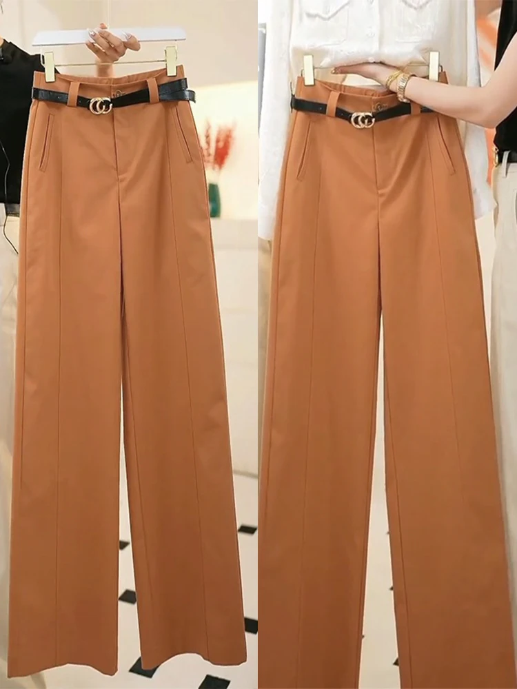 بنطلون بدلة نسائي من قماش التنسل والقطن بلون الكاكي، خصر عالي، تصميم نحيف مستقيم الساق، موديل جديد للخريف والشتاء، بنطلون أني...