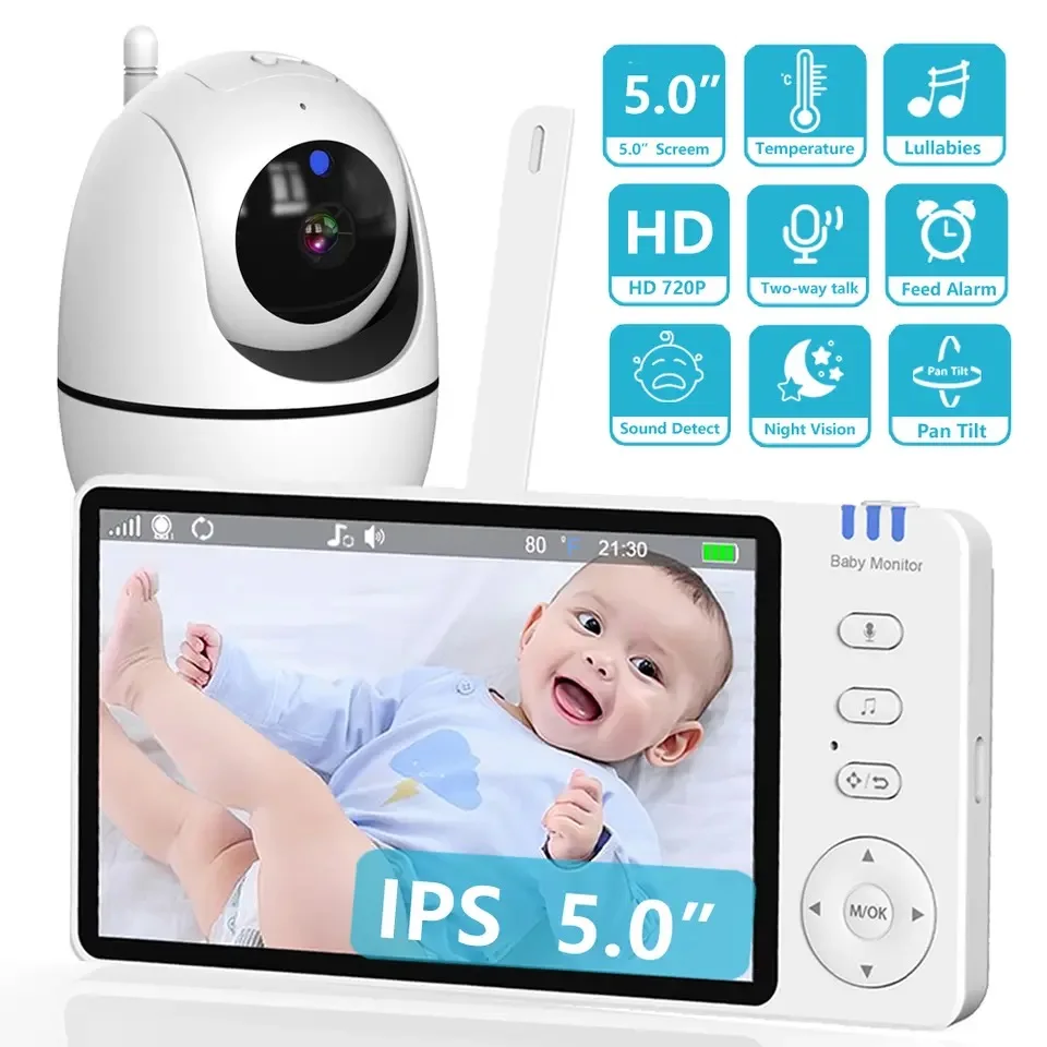 5'' IPS Video Baby Monitor with Pan Tilt Camera 3500mAh Battery Two Way Audio Intercom Auto Night Vision Kids Security Camera