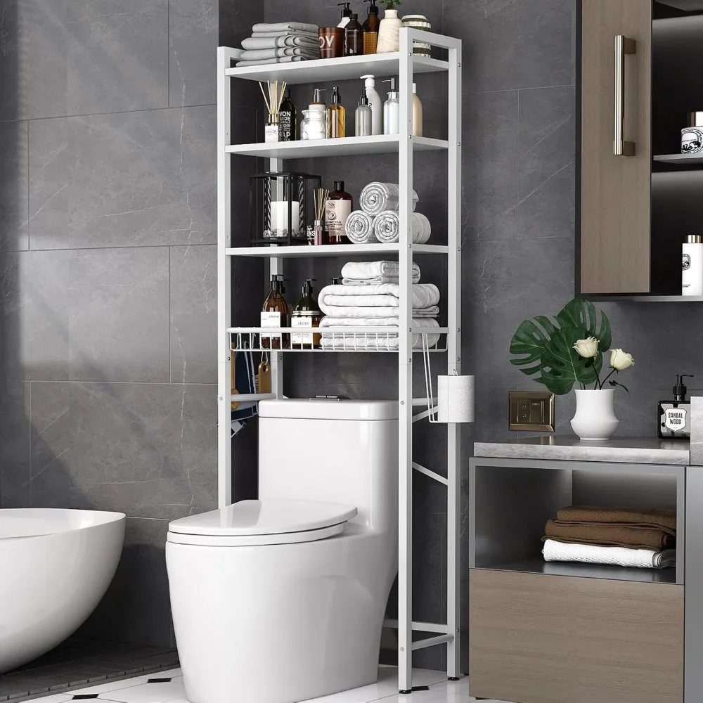 

Over Toilet Storage Rack with Adjustable Shelves & Basket, Pure White 4-layer Bathroom Storage Rack, Freestanding Bathroom Shelf