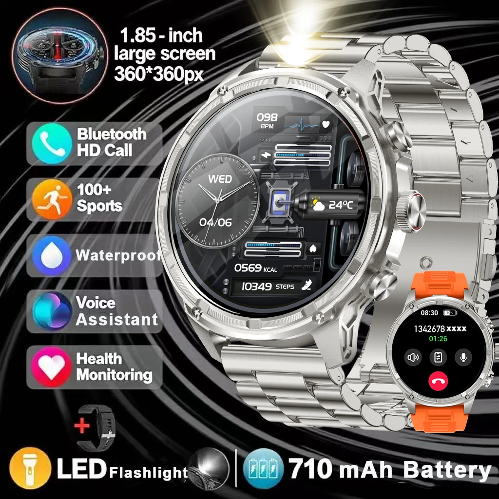 

2025 уличные мужские часы 1,85 дюйма сверхвысокое разрешение 710 мАч большой аккумулятор фонарик BT Call водонепроницаемые спортивные умные часы для фитнеса
