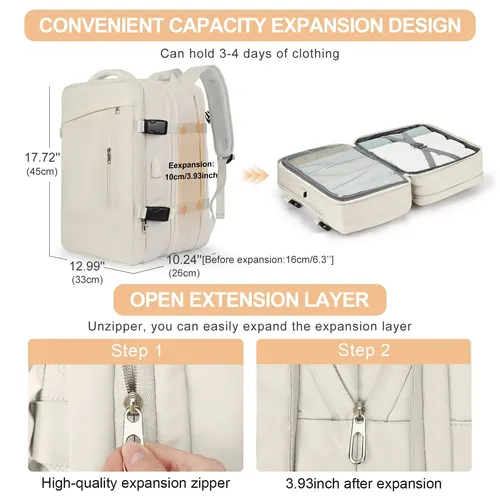 Imagen 2 del producto Mochila de viaje Likros para mujer, mochila expandible para ir de semana, senderismo, portátil, con puerto USB, mochila grande impermeable de 40L para hombre