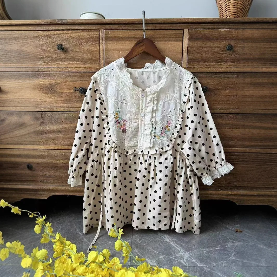 Vintage Mori Girl Embroidery Polka Dot Short Sleeve Shirts Women Summer New Half Open Collar Single Breasted Cotton Blouse Tops