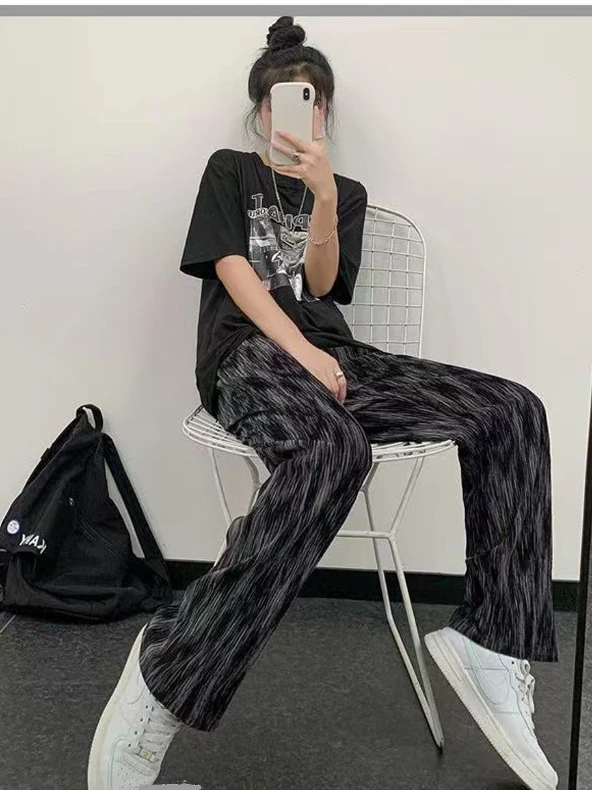 

Широкие брюки больших размеров с принтом тай-дай и полосками, повседневные, с высокой талией, длинные, для женщин больших размеров, удобные, универсальные, летние брюки