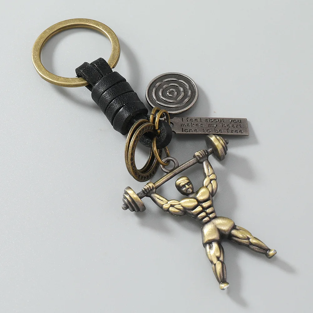 New style creative keychain - alloy vintage leather keychain - sports weightlifting woven pendant - accessory for both men and w