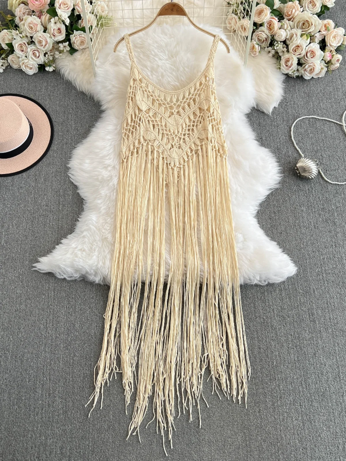 Vestido longo de malha étnico boêmio com franjas nas costas, feito à mão em crochê, vazado, em camadas, vestido midi f...