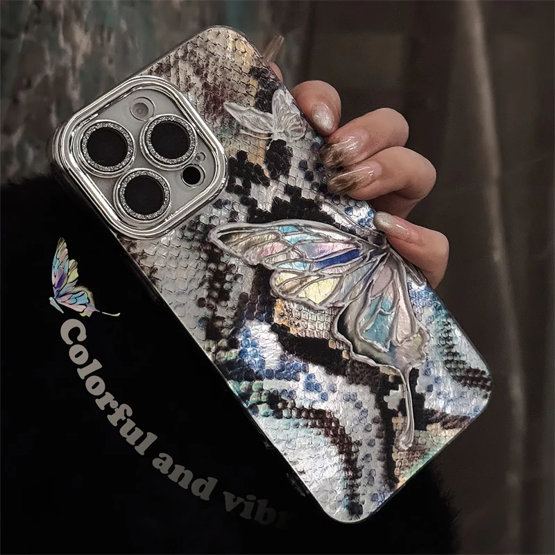 Custodia per telefono farfalla laser in pelle di serpente per iPhone 16 Pro 15 14 12 13 Pro Max Cover custodie in silicone antiurto per 15Pro Cute Funda