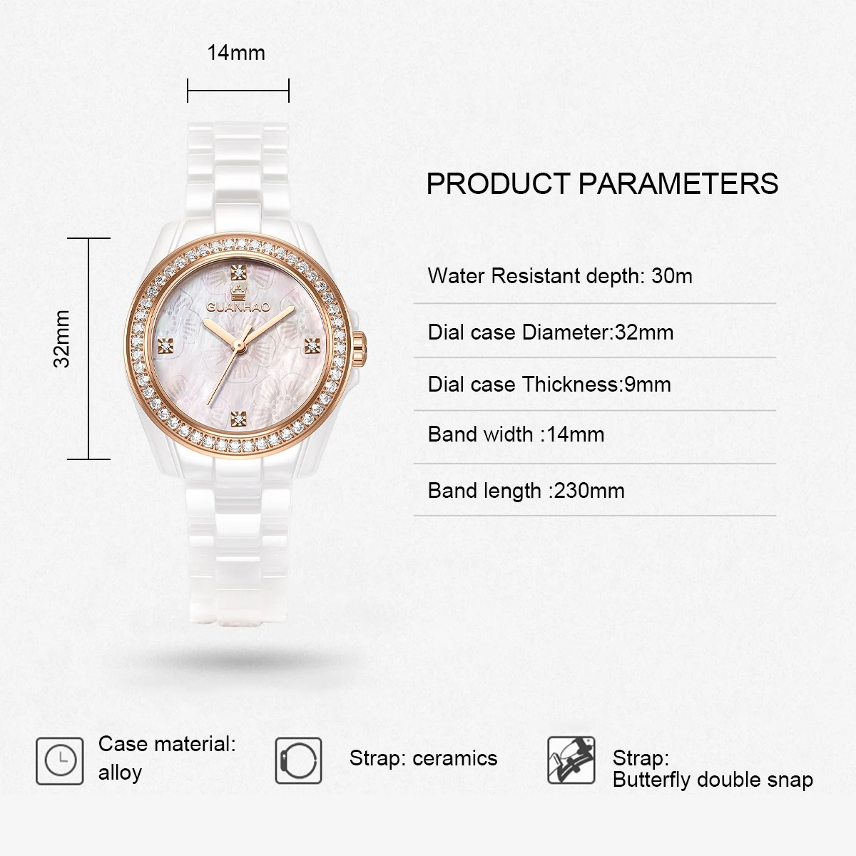 White Ceramic Women Watch With Diamond Waterproof Fashion Lady Luxury Elegant Romantic Quartz Wristwatch