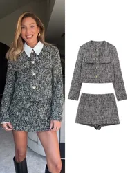 HH Women 2 Piece Set Plaid Single-Breasted Dummy Pocket Decorate Casual Jacket Coat+Fashion High Waist Zipper Mini Culottes