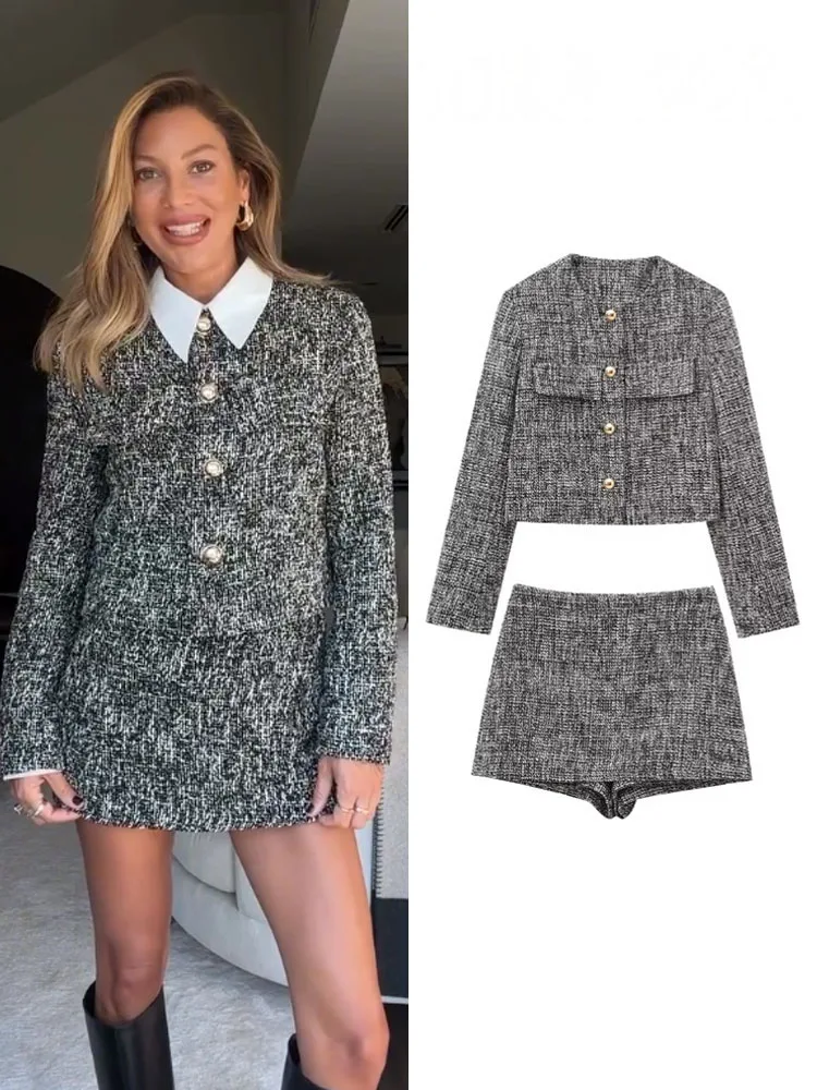 HH Women 2 Piece Set Plaid Single-Breasted Dummy Pocket Decorate Casual Jacket Coat+Fashion High Waist Zipper Mini Culottes