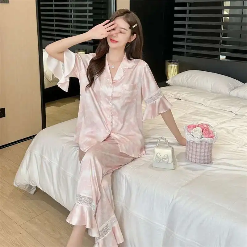 

Temperament New Lace Pajamas Women Spring And Autumn Thin Short Sleeve Trousers Cardigan Set Hollow-out Ice Silk Pyjamas Sets