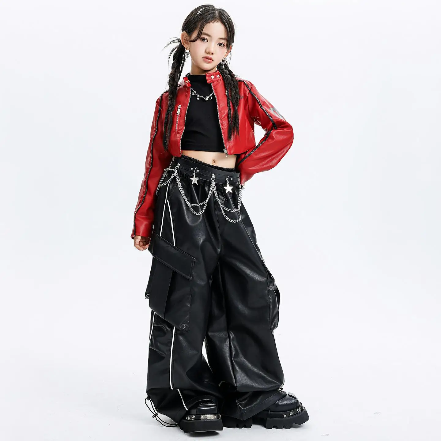 طفل Kpop الهيب هوب الملابس الأحمر فو الجلود زمم المحاصيل سترة سوداء بولي Street الشارع مخطط البضائع السراويل لفتاة ملابس رقص الملابس