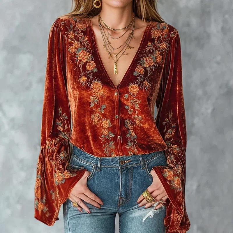 

Vintage Women Blouse Velvet Floral Print V Neck Single-breasted Flare Sleeve Shirts Streetwear Autumn Loose Women Clothes