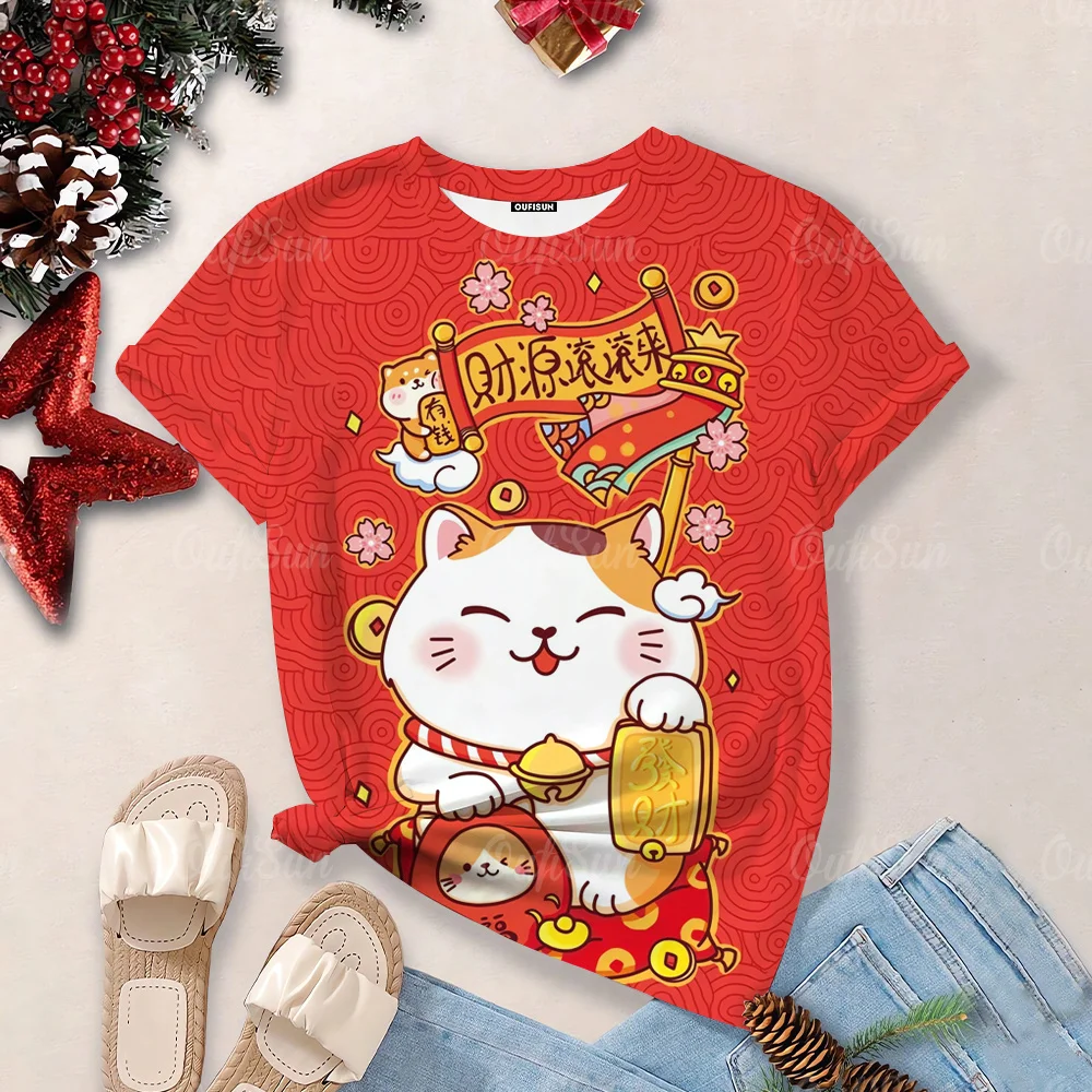 Lucky Cat Print Summer Women's T-Shirts Fashion Casual T-Shirt Clothes Women Short Sleeve Funny Cartoon Oversized T-Shirts 2024