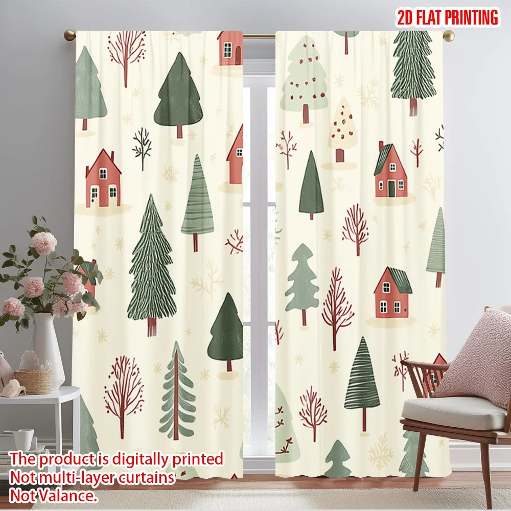 2pcs,2D plane printing Curtain Fabric Cute Winter Village Trees Houses (3) 100% Polyester (without rod) All Seasons Ldeal for