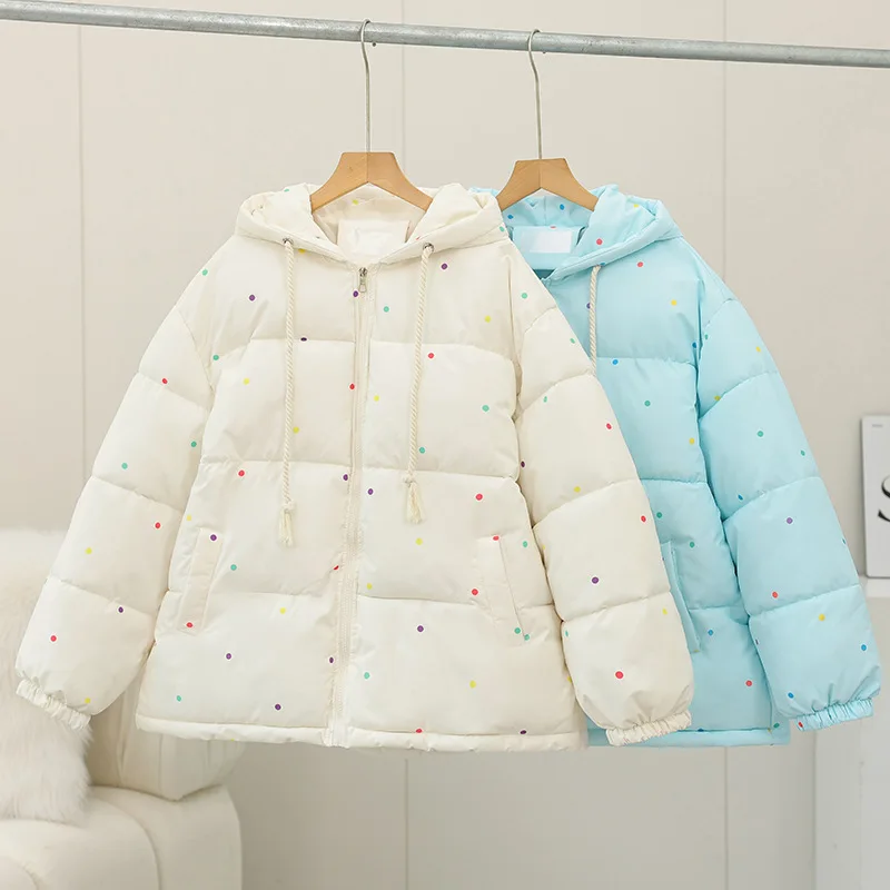 Korean Style Polka Dot Hooded Cotton Coat for Women New Loose Long Sleeve Thick Warm Bread Jacket Winter Sweet Parkas Outerwear