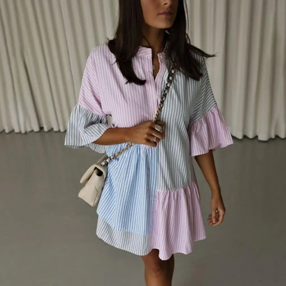 

Patchwork Hem Dress Elegant Striped Colorblock A-line Dress with Pleated Hem for Women for Work Date Nights Summer Parties Dress