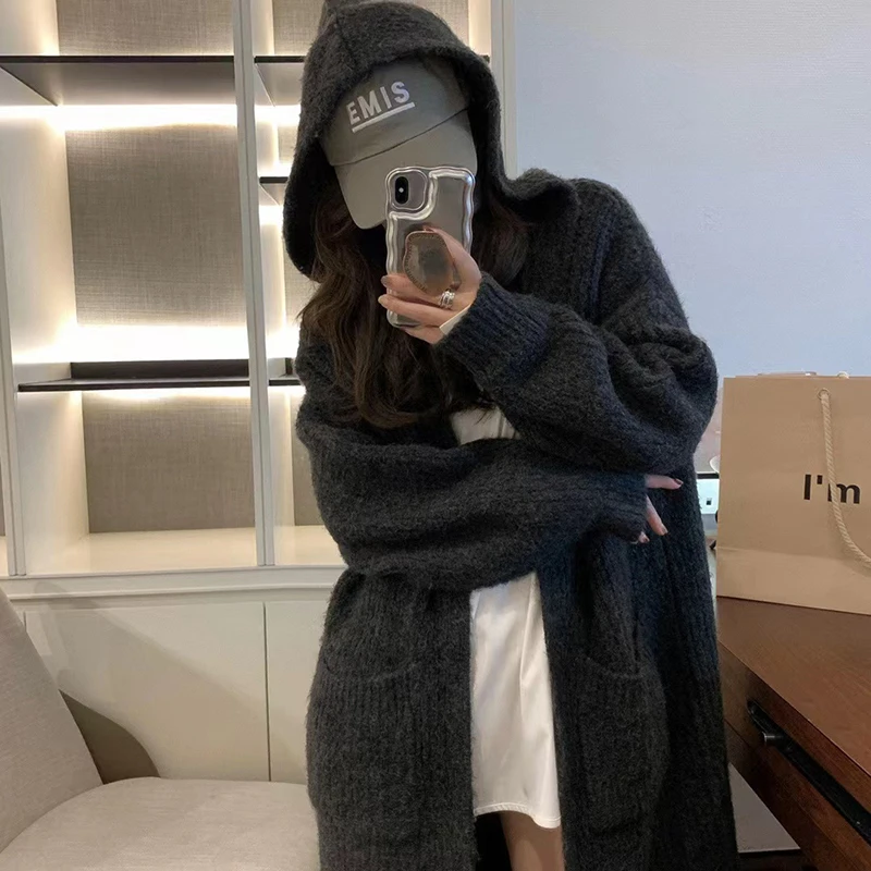 Hooded Long Sleeved Loose Sweater Pocket Knit Sweater Cardigan Long Coat Autumn Winter Women Clothing Casual High Street Vintage