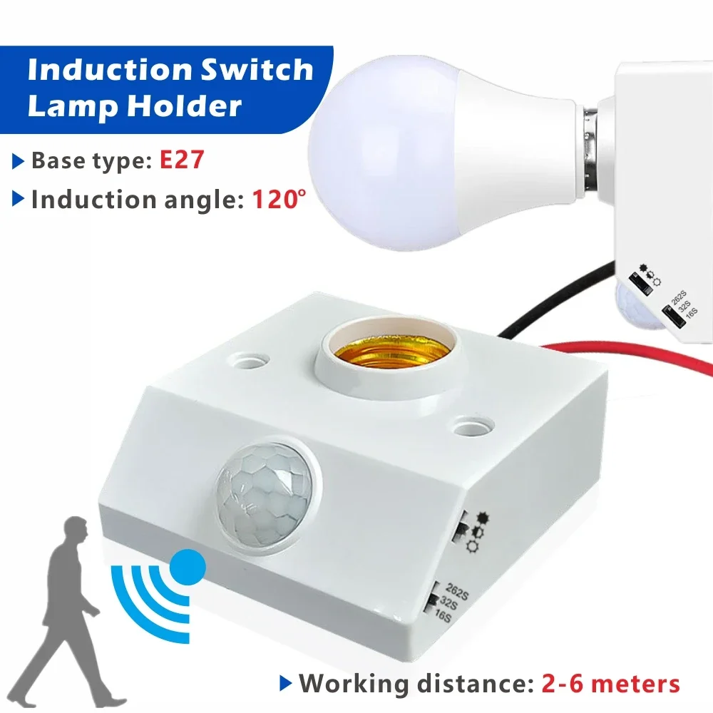 E27 PIR Motion Sensor Lamp Socket-Auto On/Off LED Bulb Holder, AC85-265V Adjustable Induction Switch for Home
