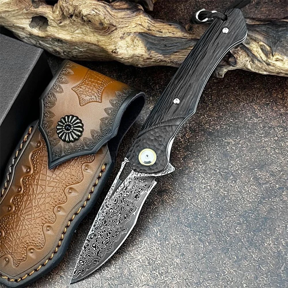 EDC جيب سكين للفرد دمشق الصلب مع مقبض خشب الجوز الأسود وغمد الجلود في الهواء الطلق التخييم المشي لمسافات طويلة سكينة تكتيكية #4