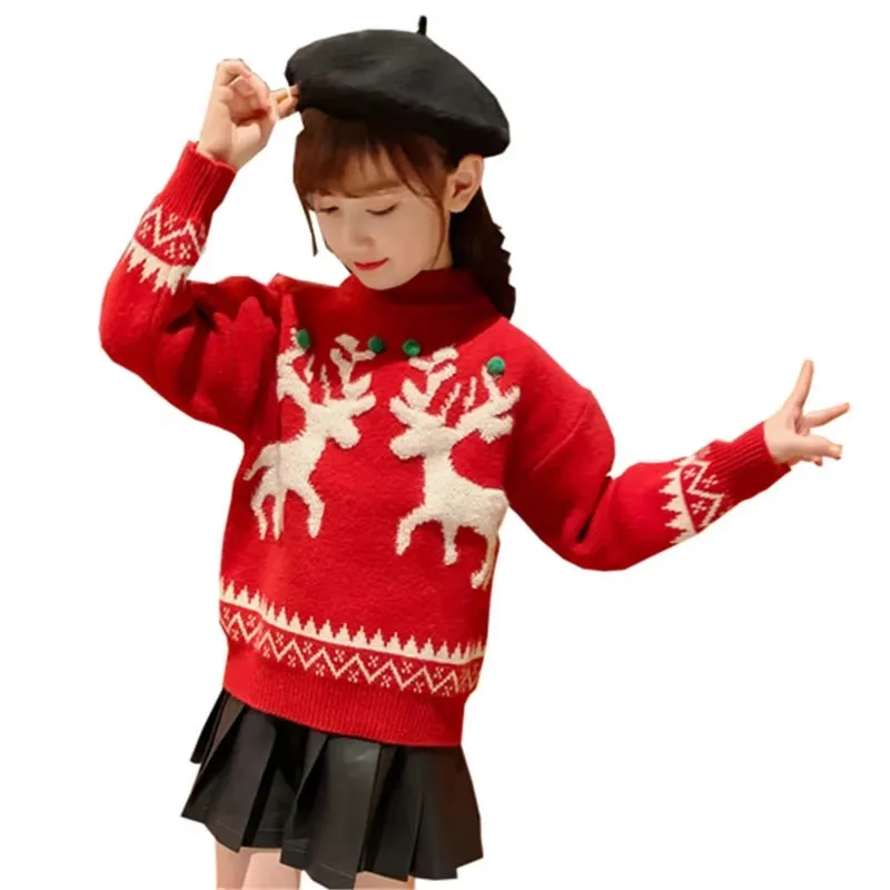 

Fall Winter Kids Christmas Sweater Costume for Girls New Year Sweater with Deer Knitted Clothes Child Turtleneck Red Knitwear