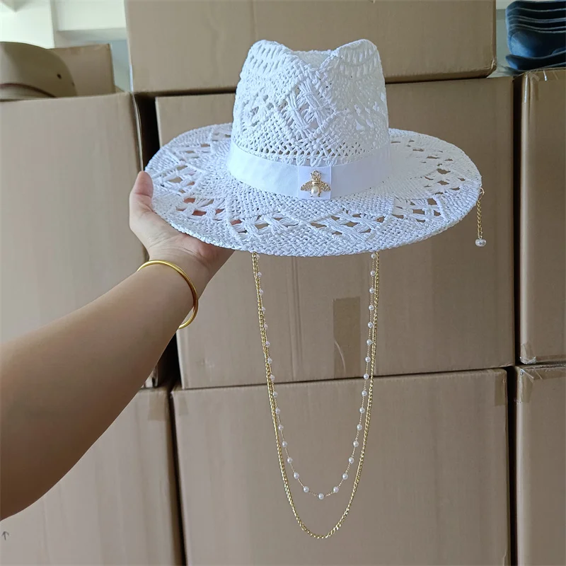 White Malan Flower Straw Hat Punk Pearl Chain DIY Supports All Kinds of Hat Customization New Punk Hats for Men and Women