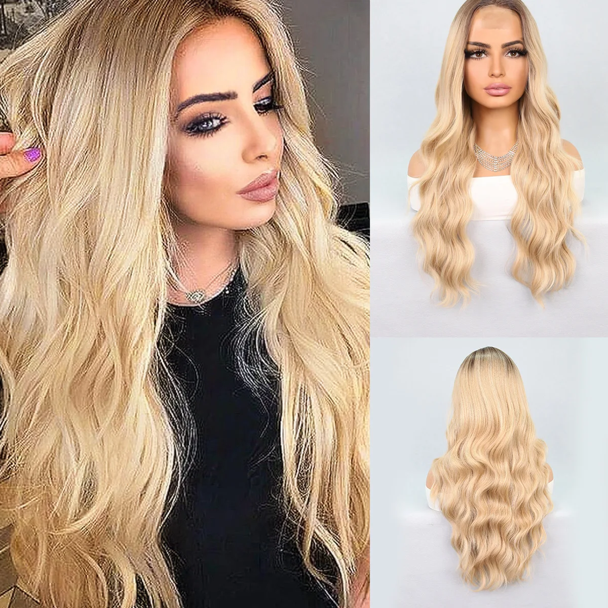 150 Density front Lace Synthetic Wig 26 inch Ombre Blonde ash blond deep wave wig For Black Women Heat Resistant Versatile Style