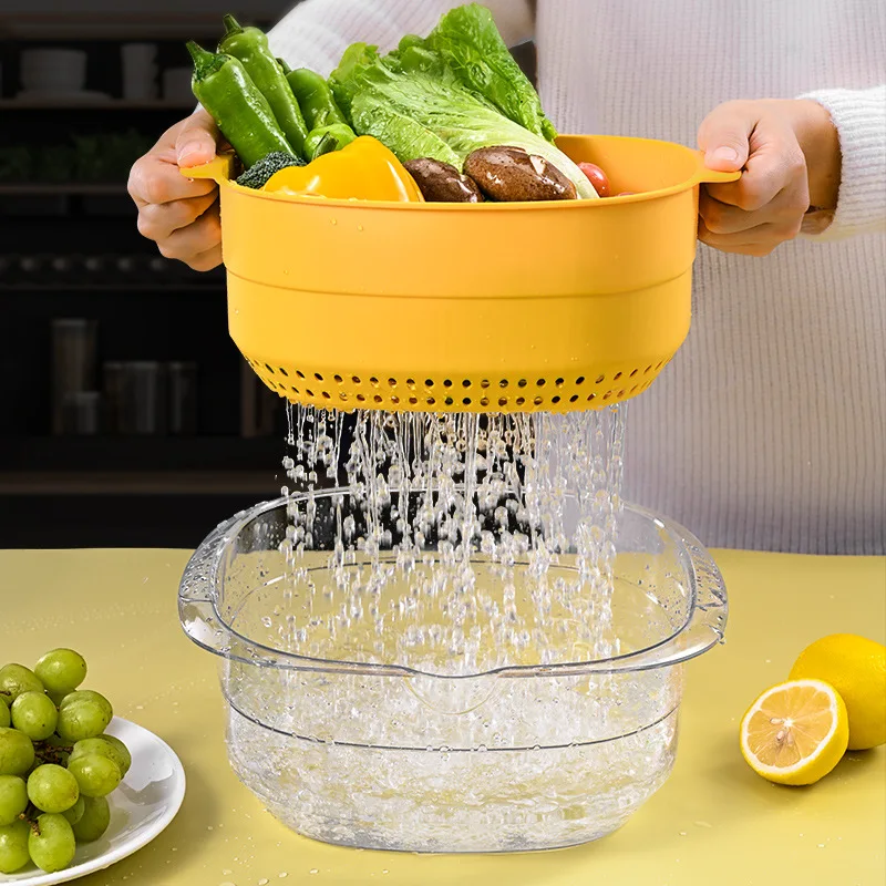

Пластиковая кухонная корзина с фильтром для воды, простая квадратная портативная корзина для мытья овощей, двухслойная дренажная корзина