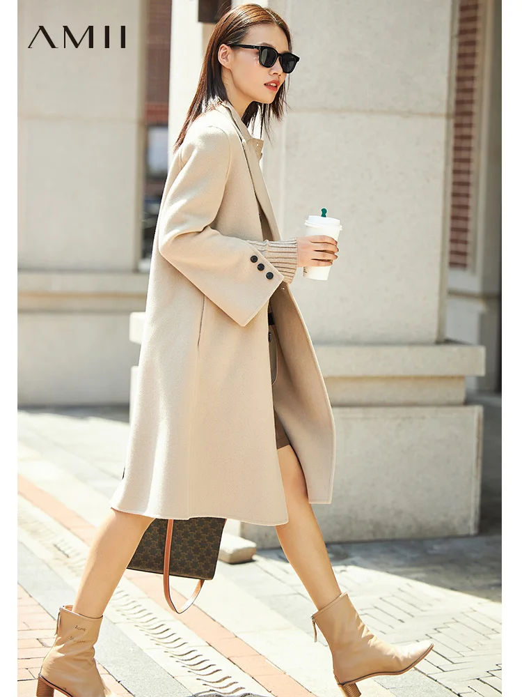 AMII Minimalism New Double-sided Woollen Coat 2022 Winter 100% Wool Vintage Commuter Office Lady Loose Warm Jackets 12140912