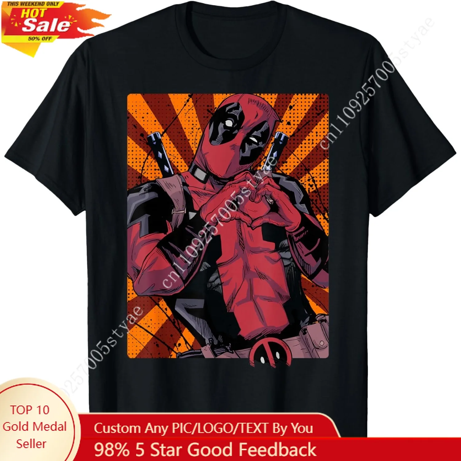 

Deadpool Heart Hands Portrait T-Shirt Man's Short Sleeve Shirt Crewneck Tops Marvel Tee Soft Top