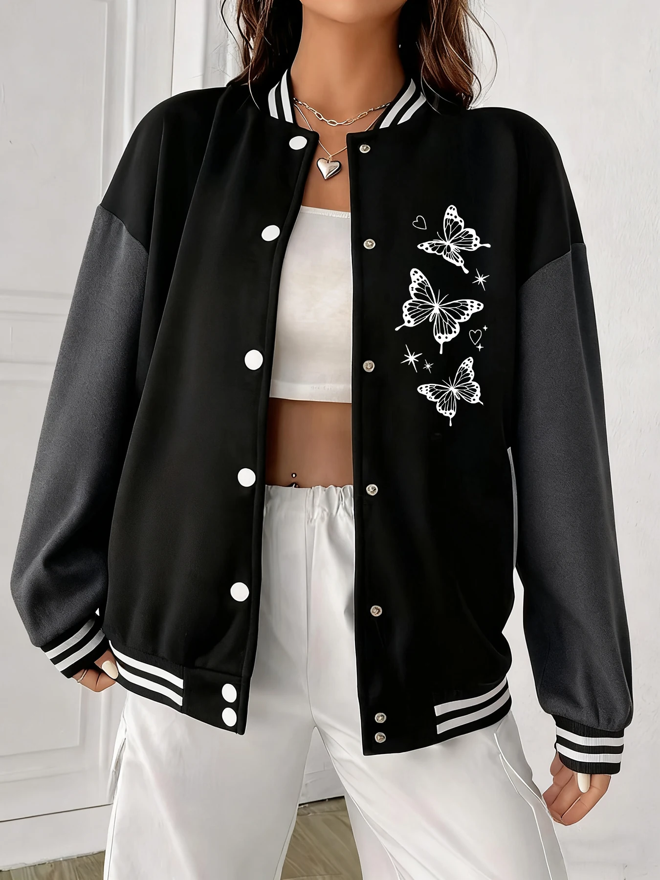 

Scattered Butterfly Star Heart Womens Baseball Jacket Hip-Hop Street Casual Coat Loose Casual Sportswears Warm Winter Jackets