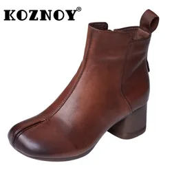 Koznoy 4.5cm Round Toe Women Natural Cow Genuine Leather Knee High Ankle Boots Chunky Heels Luxury Cow Ethnic Shoes Designer