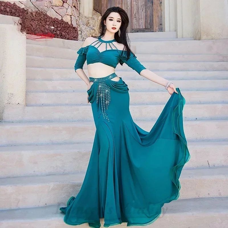 Trajes de dança do ventre para mulheres sexy com decote em v + saia rabo de peixe com borla 2 peças roupas de prática de dançarina do ventre roupas de dança adultas