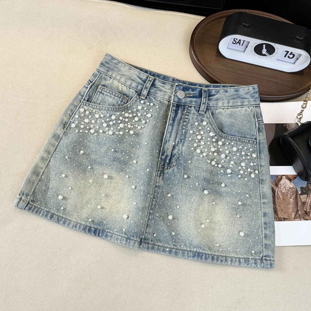 Blue High Waist A-Line Denim Short Skirt for Women Summer New Unique Beautiful Pearl Rhinestone Short Skirt Design Sensation